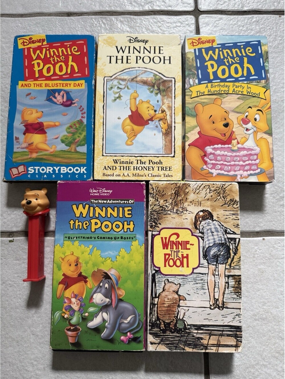 Winnie the Pooh VHS Lot of 5 Disney Vintage Tapes + Pooh PEZ Dispenser